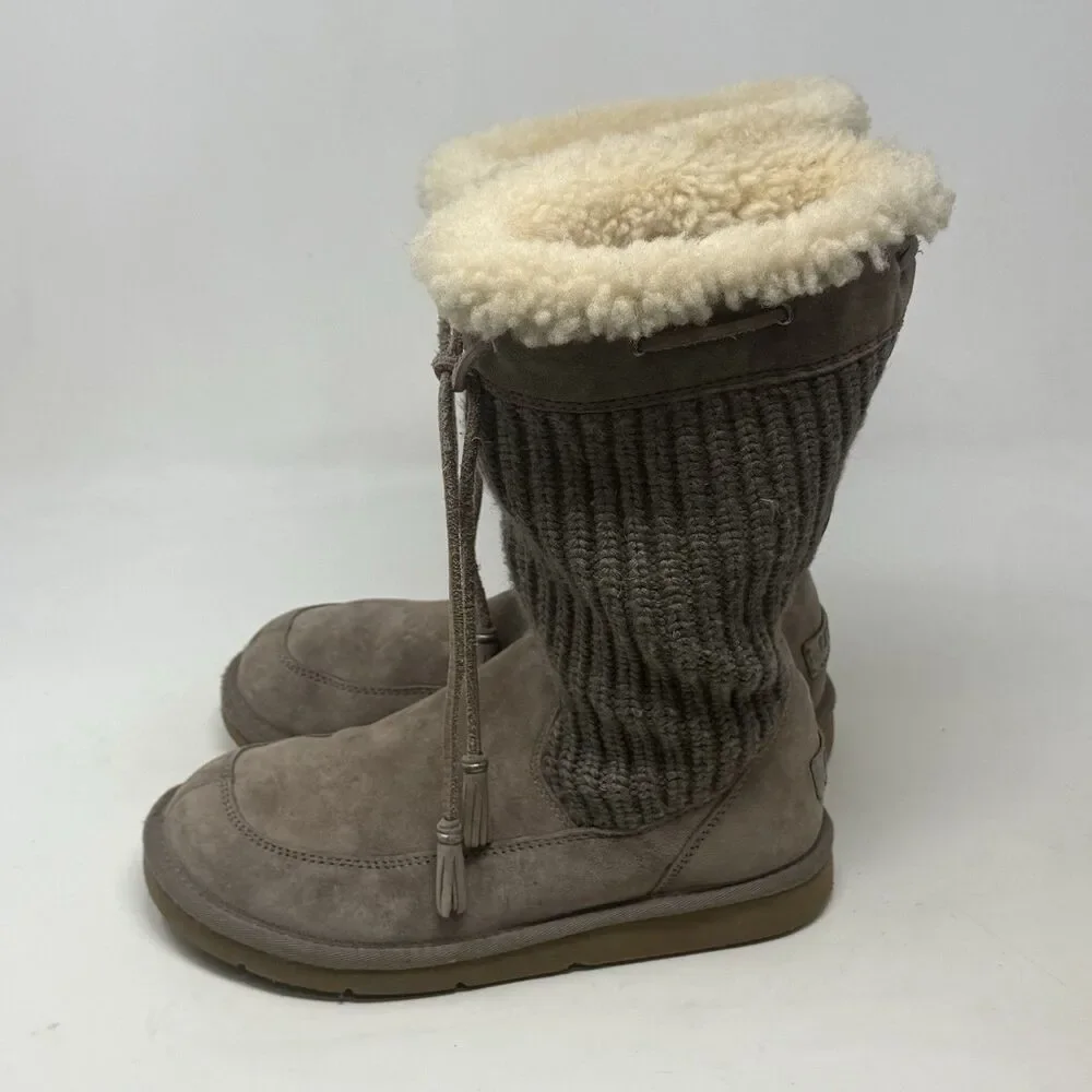 UGG Suburb Shearling Knitted Boots Womens 8 Sand Brown Suede Leather Mid Calf